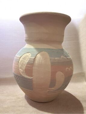 Vintage Acevloza Mexican Pottery Vase Handcrafted Clay 6" Saguaro Cacti Pastels